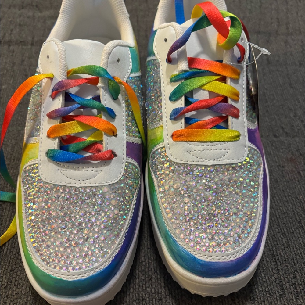 One of a Kind Hand Painted and Embellished Sneakers with Rainbow Laces